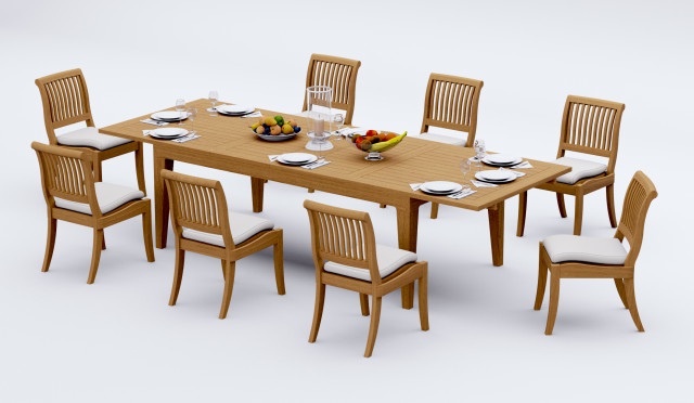 9-Piece Teak Dining Set: 122" Rectangle Extn Table, 8 Arbor Stacking Arm Chairs