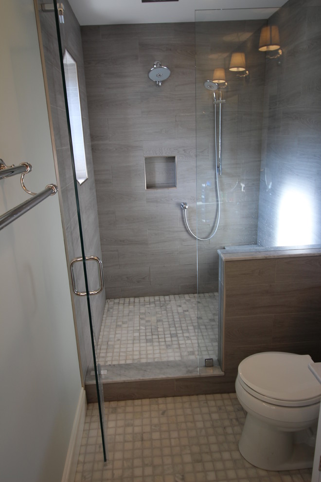 Example of a mid-sized transitional master white tile and ceramic tile concrete floor walk-in shower design in St Louis