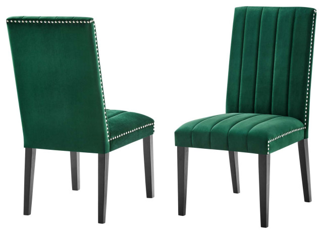 Dining Chair, Nailhead, Set of 2, Green, Velvet, Modern, Bistro Hospitality