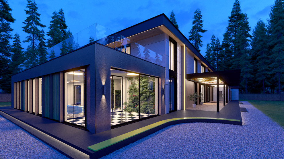 Идея дизайна: большой, двухэтажный, бежевый дом в стиле неоклассика (современная классика) с комбинированной облицовкой, плоской крышей, крышей из смешанных материалов, черной крышей и отделкой доской с нащельником