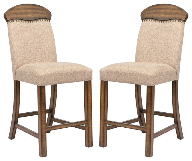 Set of 2 Linen Upholstered Counter Height Chair, Oak Finish
