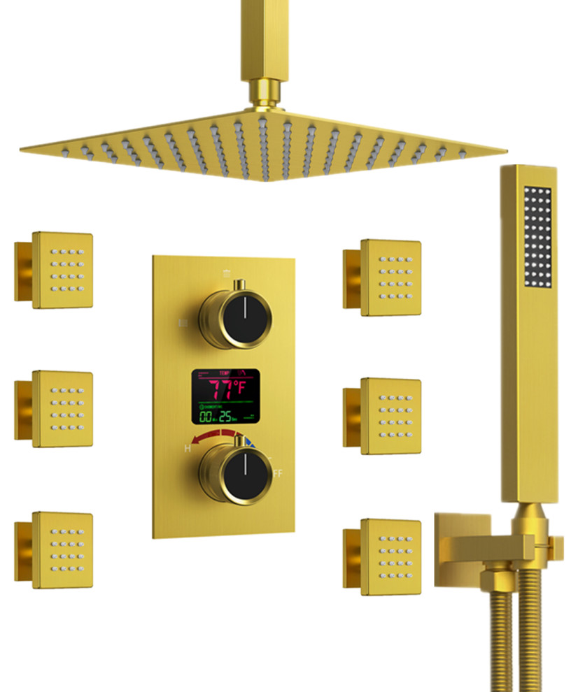Thermostatic Shower System with Display Shower Heads and 6 Body Sprays