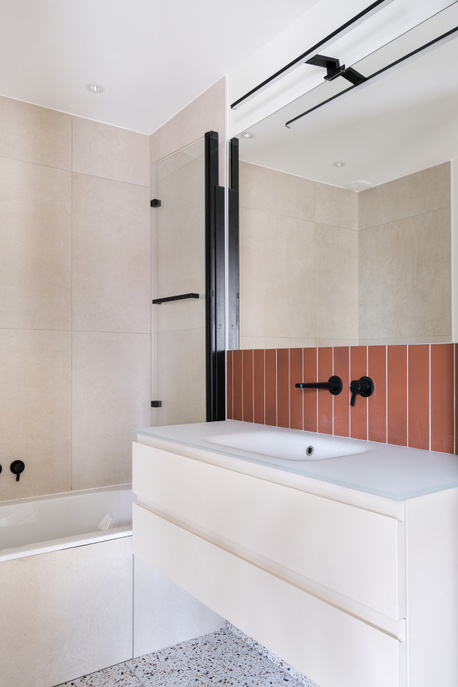 Inspiration for a medium sized contemporary ensuite bathroom in Lyon with a submerged bath, orange tiles, matchstick tiles, beige walls, ceramic flooring, a submerged sink, beige worktops, a single sink and a floating vanity unit.