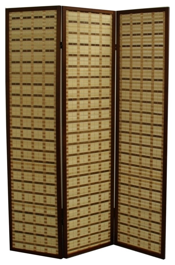 70.25"H Two Tone Bamboo 3 Panel Room Divider, Walnut