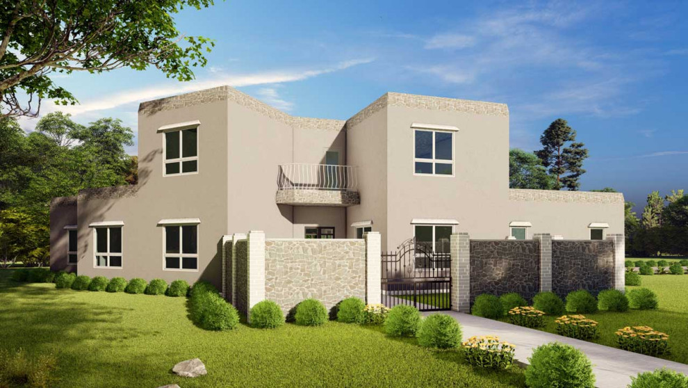 Diseño de fachada de casa de tamaño medio de dos plantas con revestimiento de hormigón, tejado plano, tejado de teja de barro y teja