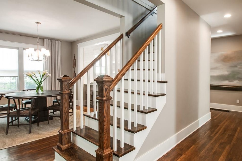 Design ideas for a mid-sized contemporary wood straight staircase in Nashville with painted wood risers and wood railing.
