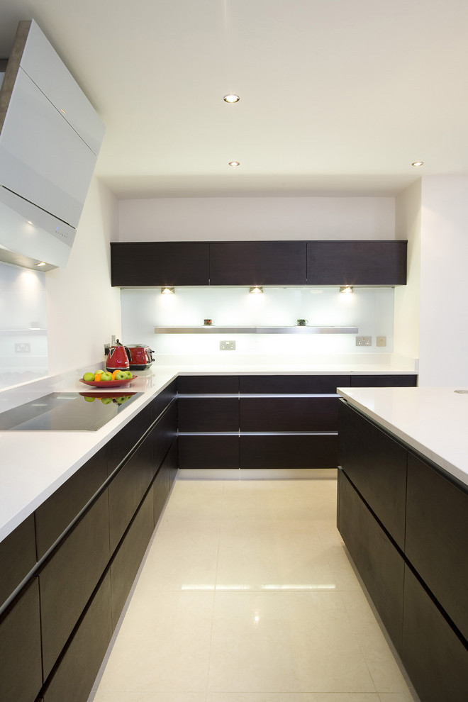 Inspiration for a contemporary kitchen in Other with flat-panel cabinets and dark wood cabinets.