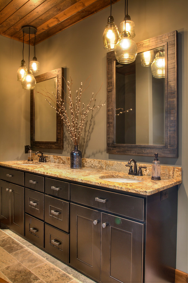 Large country master bathroom in Minneapolis with flat-panel cabinets, black cabinets, grey walls, ceramic floors, an undermount sink, granite benchtops, grey floor and multi-coloured benchtops.