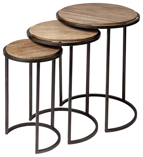 Glover (Set of 3) Brown Wood Round Top w/Metal Base Nesting Accent