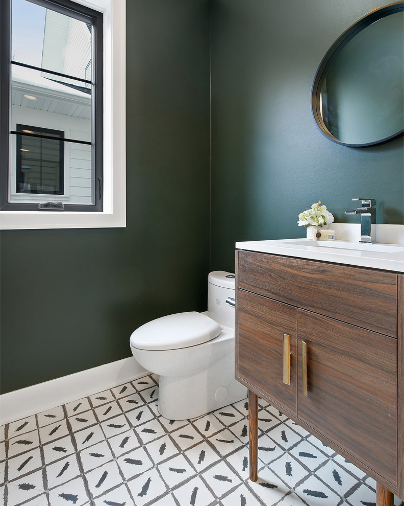 Small modern bathroom in Minneapolis with flat-panel cabinets, brown cabinets, a one-piece toilet, green walls, mosaic tile flooring, a wall-mounted sink, quartz worktops, white floors, white worktops, a single sink and a freestanding vanity unit.