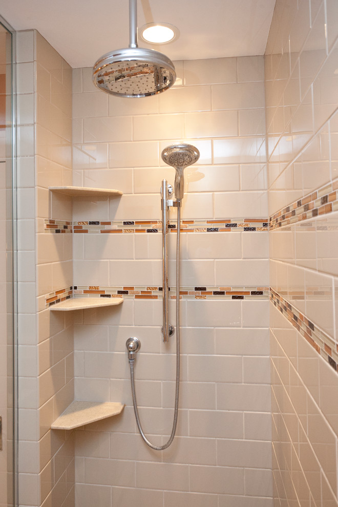 Alcove shower - mid-sized transitional master beige tile and ceramic tile ceramic tile alcove shower idea with a console sink, open cabinets, brown cabinets, a two-piece toilet and orange walls