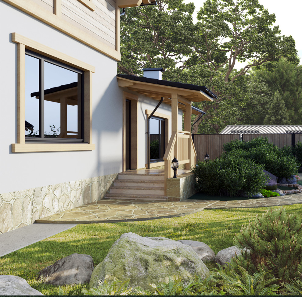 Визуализация решения по благоустройству вокруг дома. Пристройка к дому.