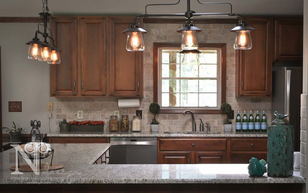 Design ideas for a mid-sized country u-shaped eat-in kitchen in Raleigh with an undermount sink, recessed-panel cabinets, medium wood cabinets, granite benchtops, beige splashback, stone tile splashback, stainless steel appliances, linoleum floors and with island.