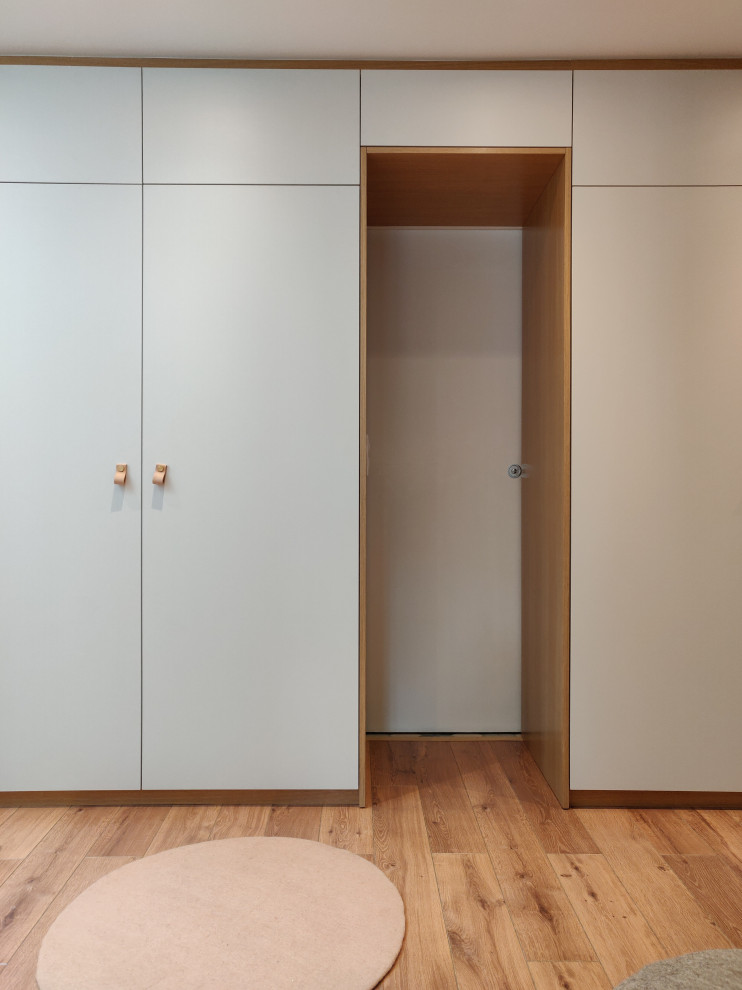 Inspiration pour une armoire encastrée nordique neutre avec un placard à porte affleurante.