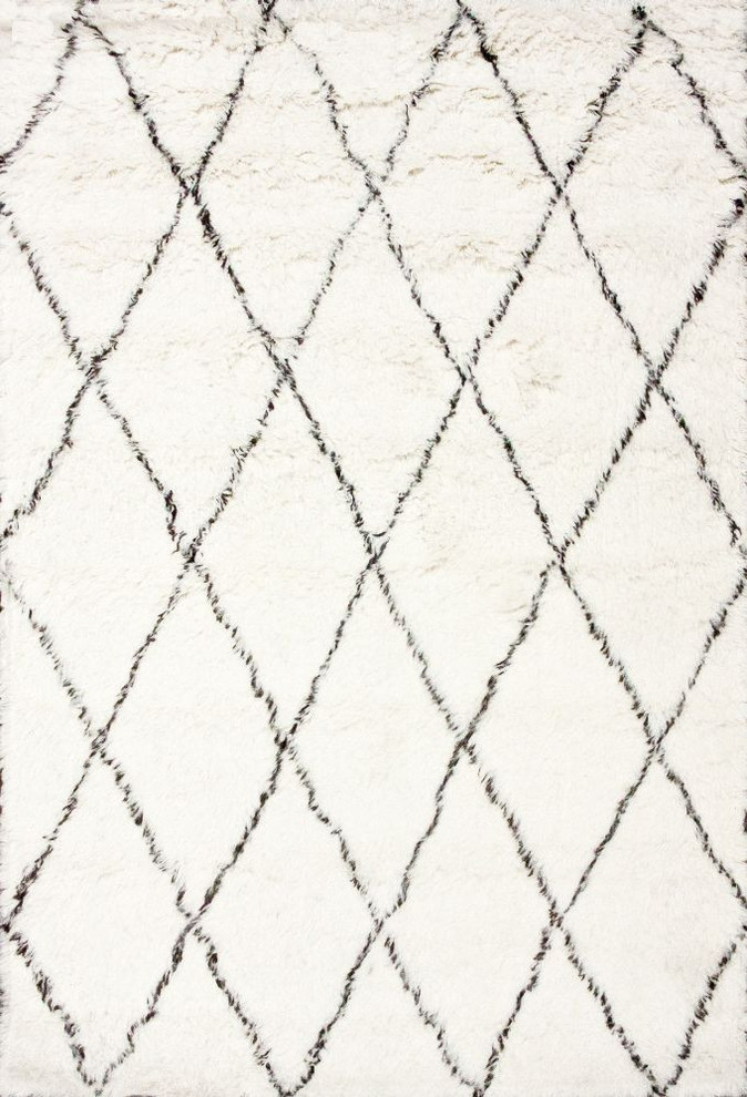 Hand Made Geometric Moroccan Wool Shag Rug, Ivory, 2'x3'