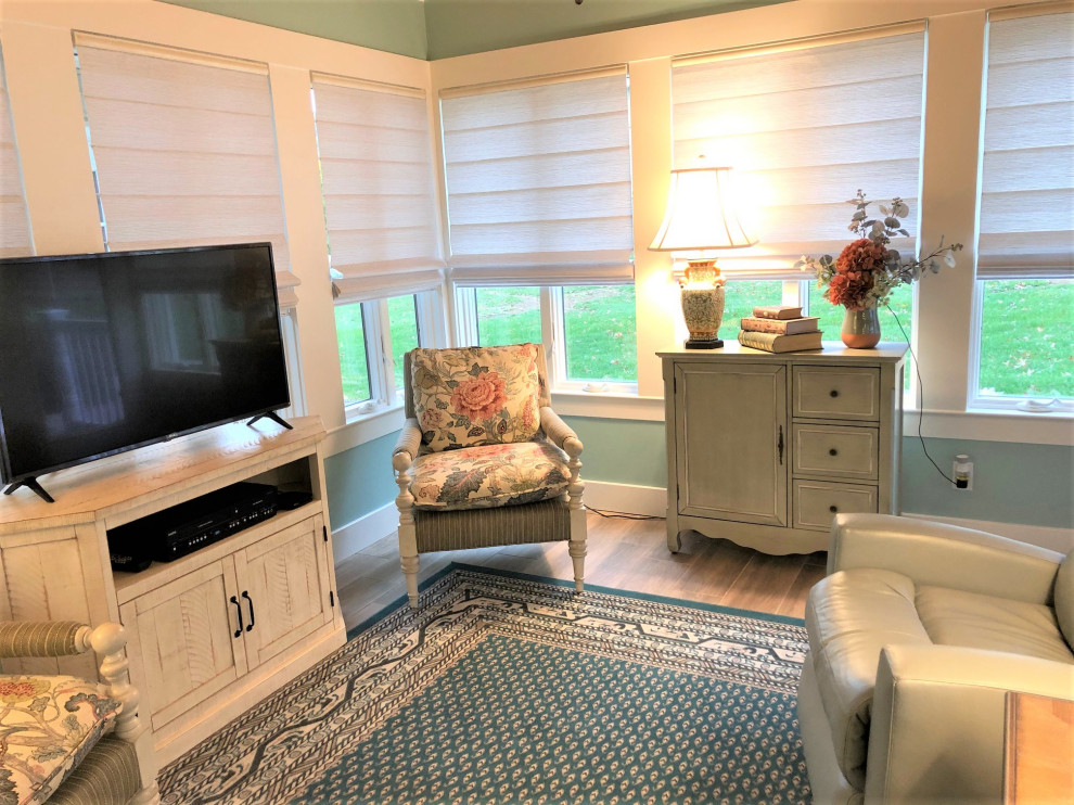 French country vinyl floor and gray floor sunroom photo in Other
