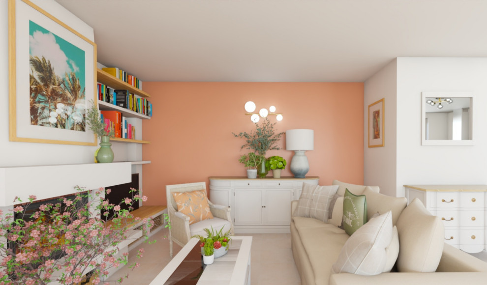 Foto på ett mellanstort lantligt allrum med öppen planlösning, med ett bibliotek, orange väggar, klinkergolv i keramik, en standard öppen spis, en fristående TV och beiget golv