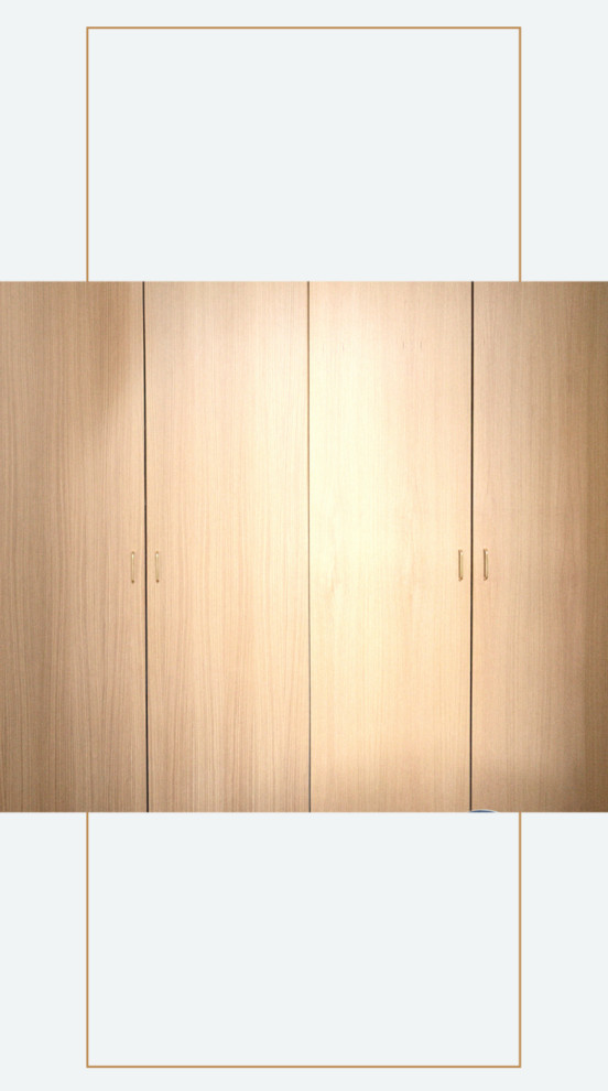 This is an example of a small modern gender-neutral built-in wardrobe in New York with flat-panel cabinets and light wood cabinets.