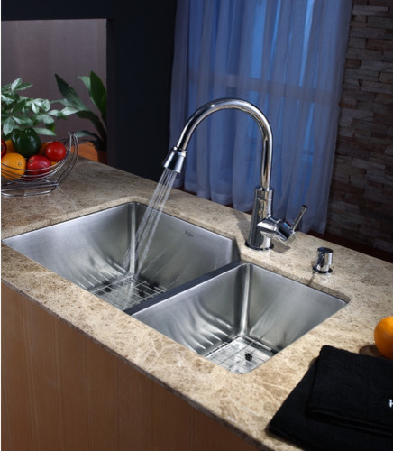 32" Undermount 70/30 Kitchen Sink with 14.9" Faucet and Soap Dispenser in Chrome