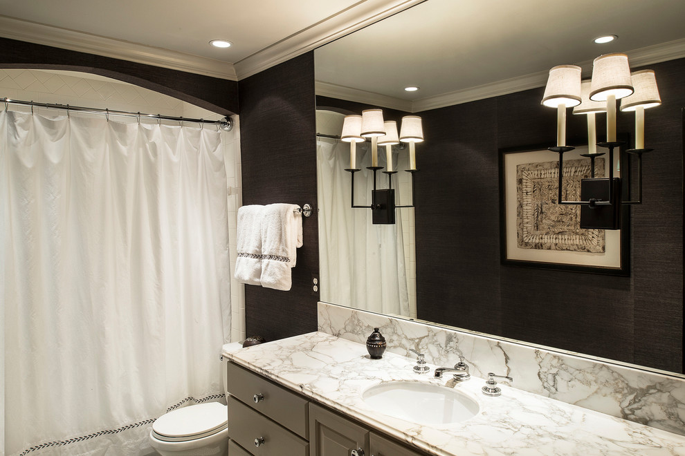 Example of a mid-sized transitional marble tile bathroom design with furniture-like cabinets, beige cabinets, brown walls and a wall-mount sink