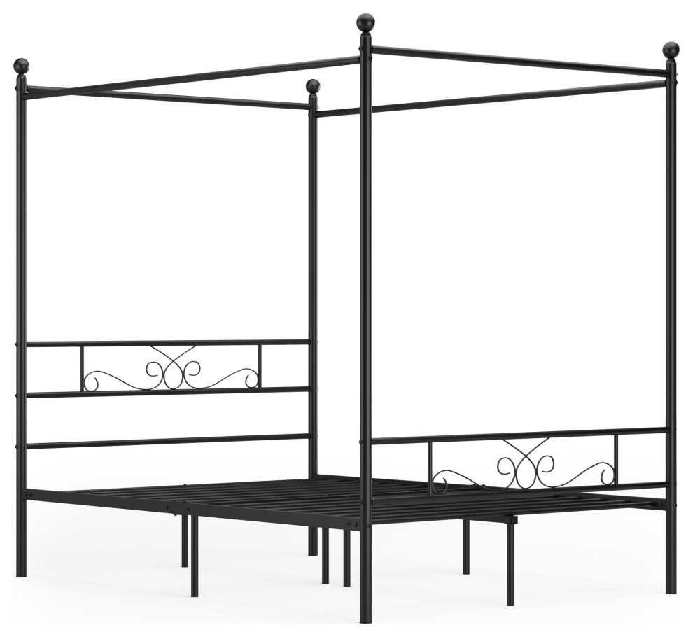 Queen Canopy Bed, Metal Construction With Scrollwork Accent & Finial Pots, Black