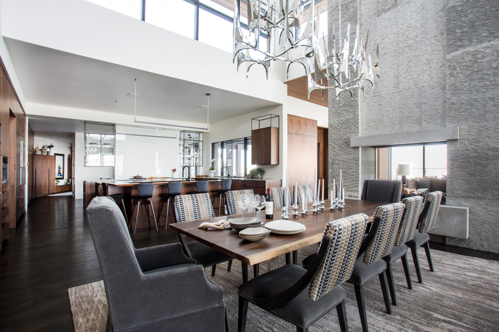 Contemporary dining room in Salt Lake City with white walls, dark hardwood floors, a two-sided fireplace and brown floor.