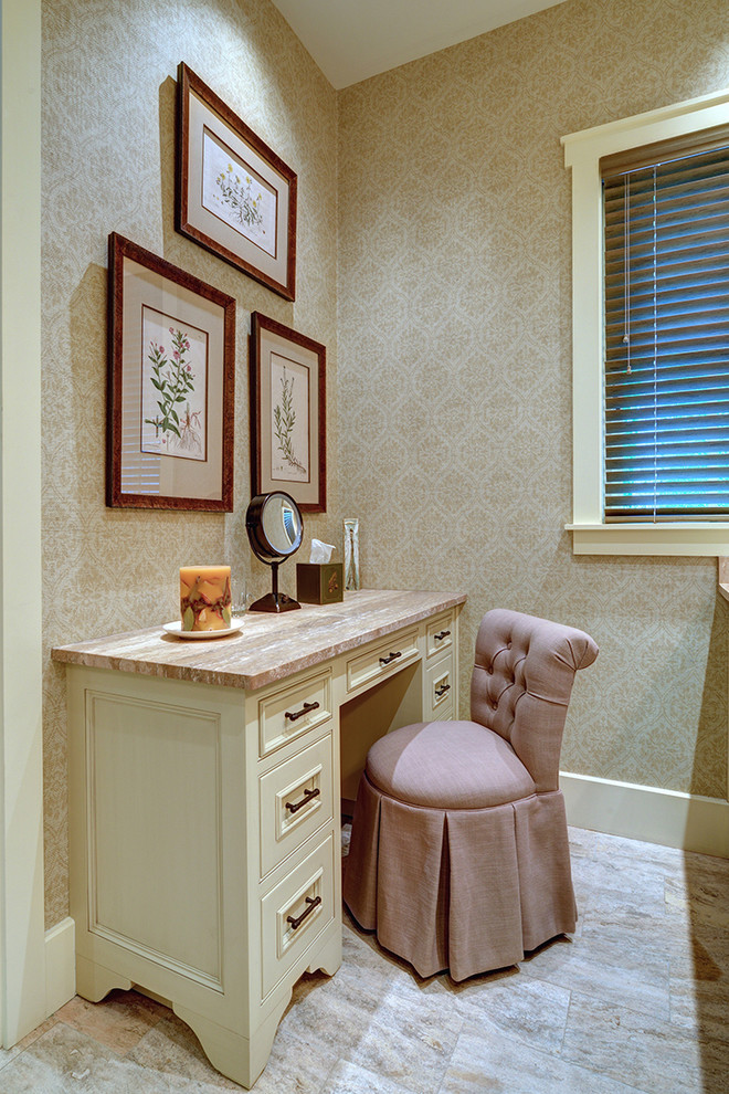 Inspiration for a traditional master bathroom in Other with beaded inset cabinets, beige cabinets and beige walls.