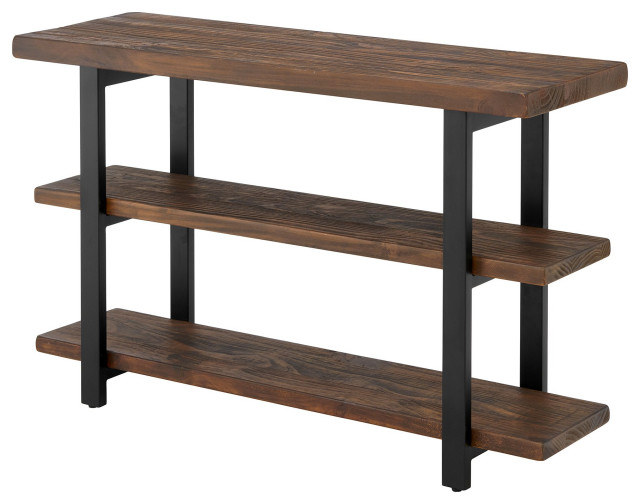 Rustic Industrial Console Table, Metal Frame With 3 Open Tiers, Rustic Natural Industrial