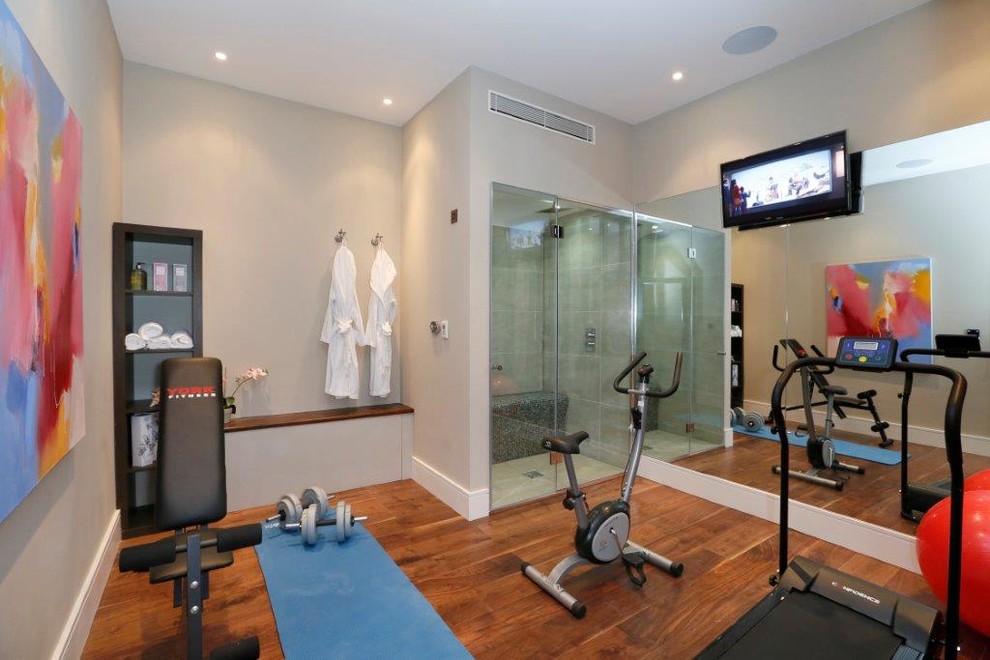 Photo of a mid-sized contemporary home gym in London.