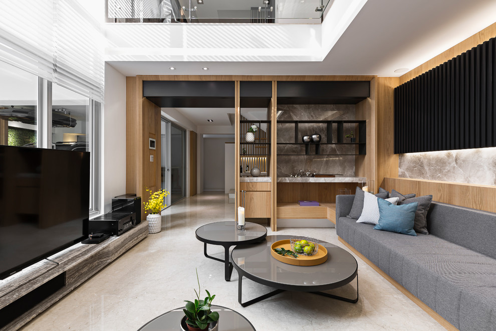 Example of a trendy enclosed family room design in Chicago with white walls, no fireplace and a tv stand