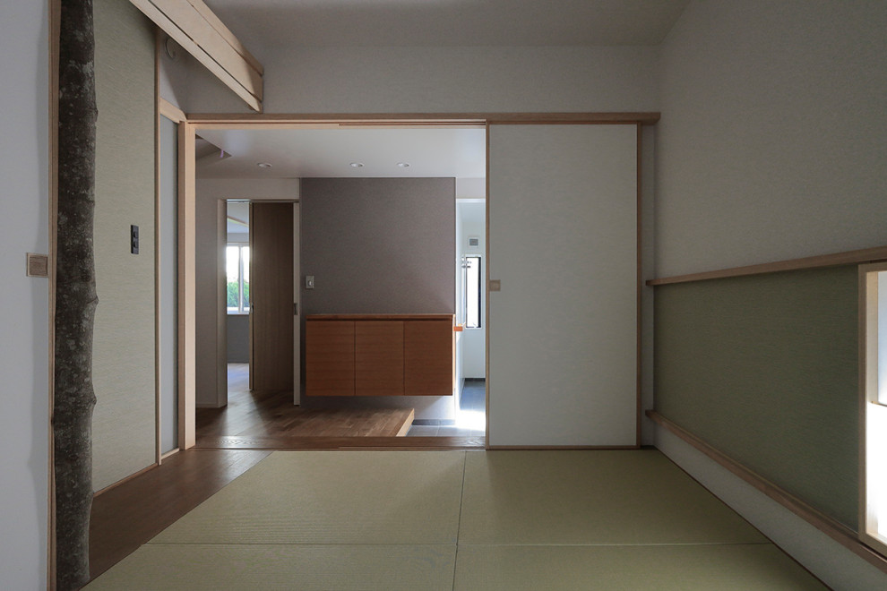 Cette photo montre une salle de séjour asiatique avec un sol de tatami, un sol vert, un plafond en papier peint et du papier peint.