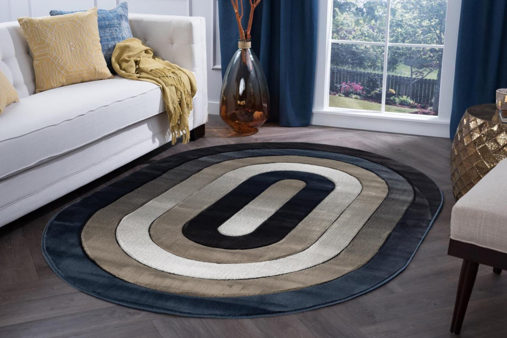 Orelsi Collection Navy Blue And Cream 5'2" X 7'5" Area Rugs OR7258OV