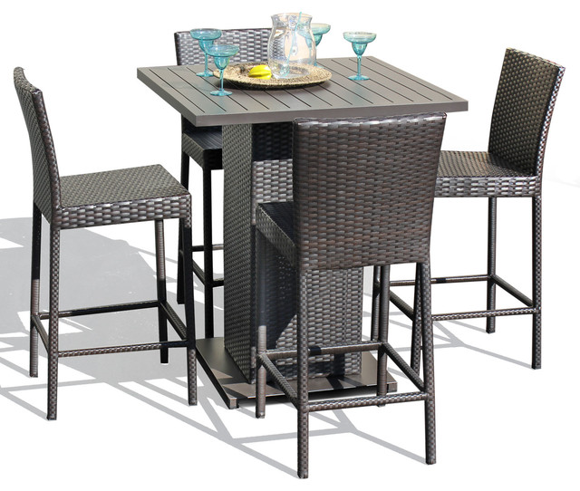 Venus Outdoor Pub Table With Bar Stools, 5Piece Set Tropical Outdoor Dining Sets by