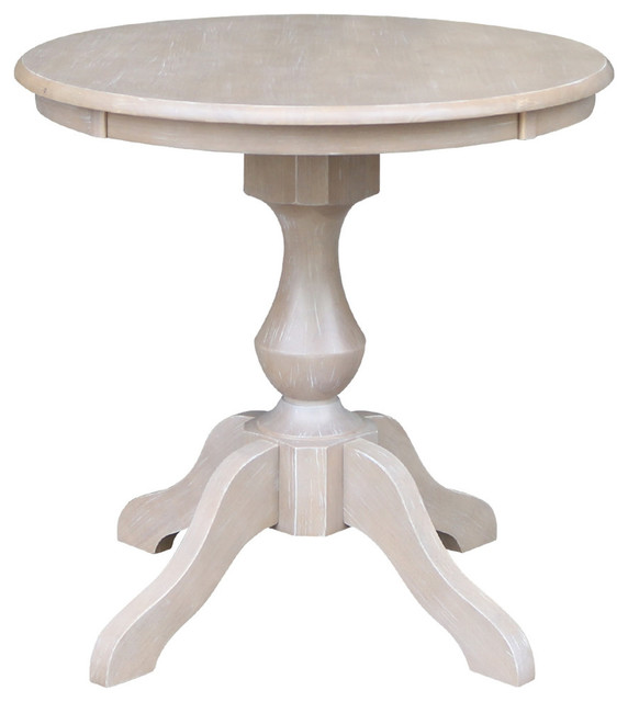 Solid Wood 30 Round Pedestal Dining Table Washed Gray Taupe Height