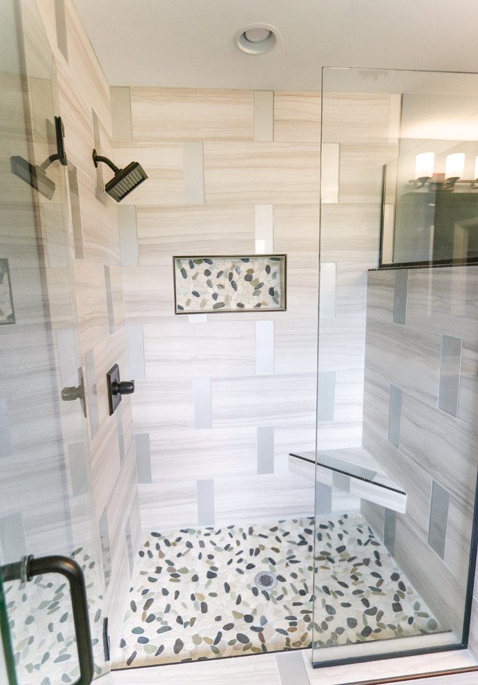 Transitional master bathroom in Other with a hinged shower door, an alcove shower, gray tile, porcelain tile, pebble tile floors and multi-coloured floor.