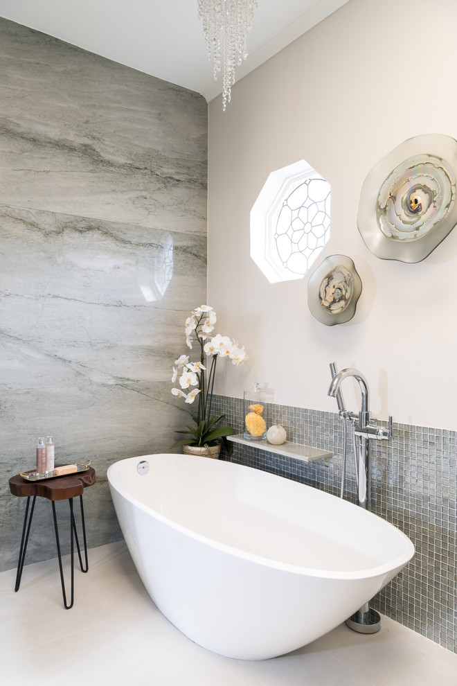 Inspiration for a mid-sized transitional master green tile and mosaic tile porcelain tile and beige floor bathroom remodel in Dallas with shaker cabinets, green cabinets, a bidet, beige walls, an undermount sink, quartzite countertops and green countertops