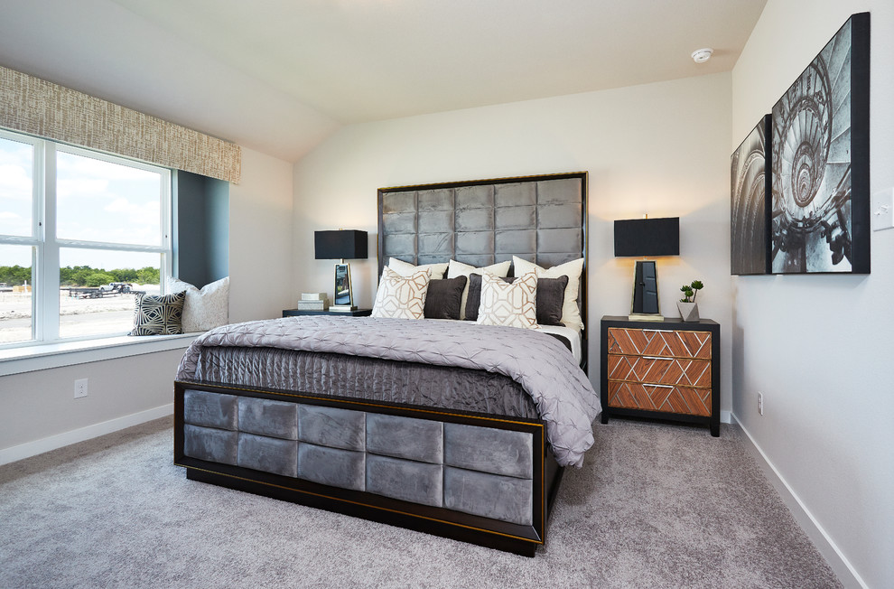 Inspiration for a mid-sized transitional master bedroom in Austin with white walls, carpet and grey floor.