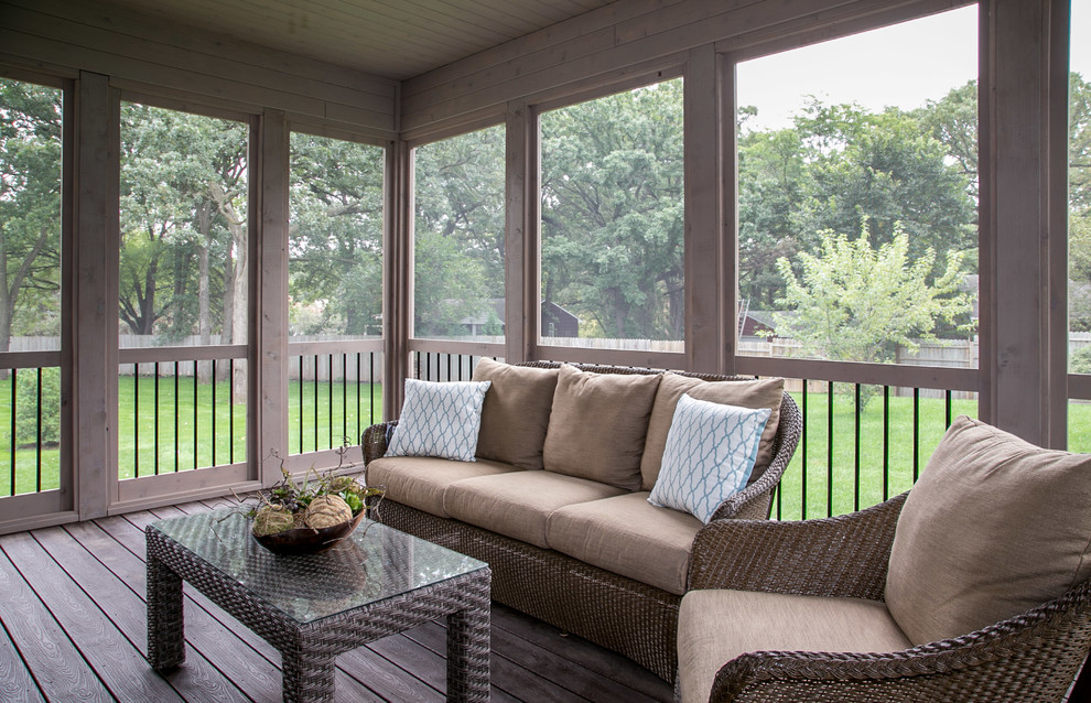 Photo of a transitional backyard screened-in verandah in Minneapolis with a roof extension.