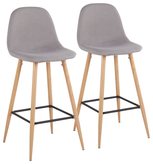 Pebble MidCentury Modern Barstool, Natural Metal/Light Gray Fabric