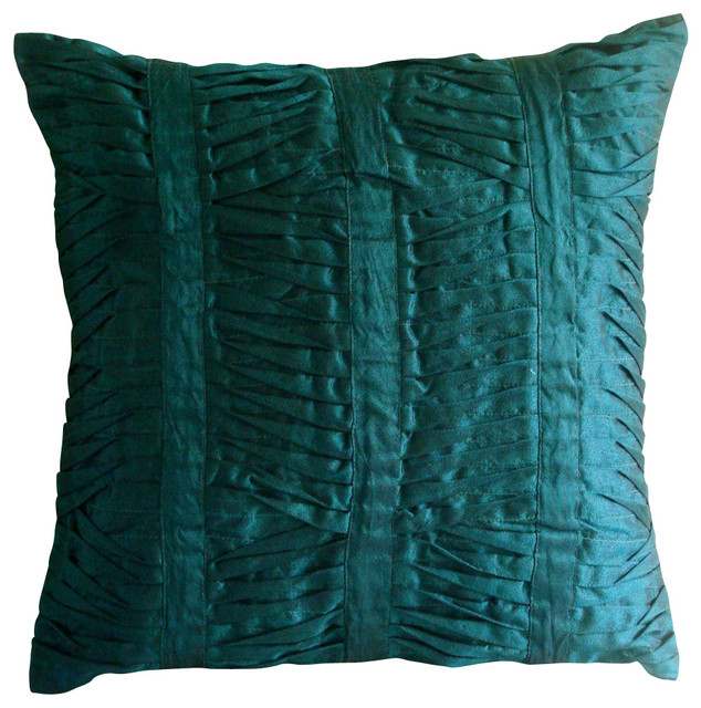Green Art Silk 16x16 Textured Pintucks Throw Pillows Cover, Royal Peacock Green