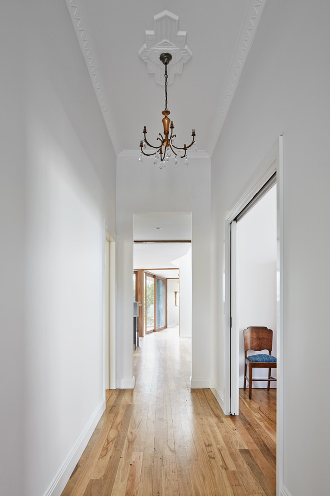 This is an example of a traditional hallway in Melbourne with medium hardwood floors.