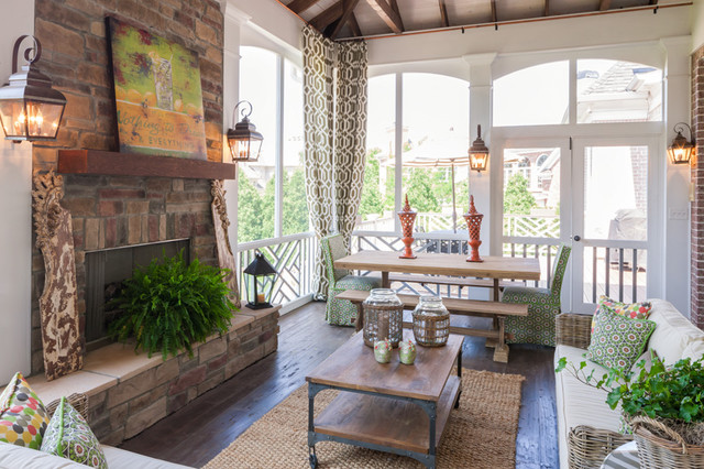 Two Story Double Porch With Outdoor Fireplace Travertine Patio