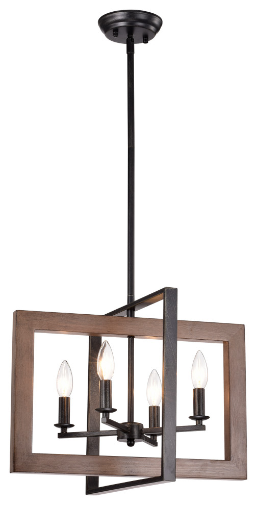 Hebe Natural Wood and Metal Open Cage Chandelier, Antique Black Finish