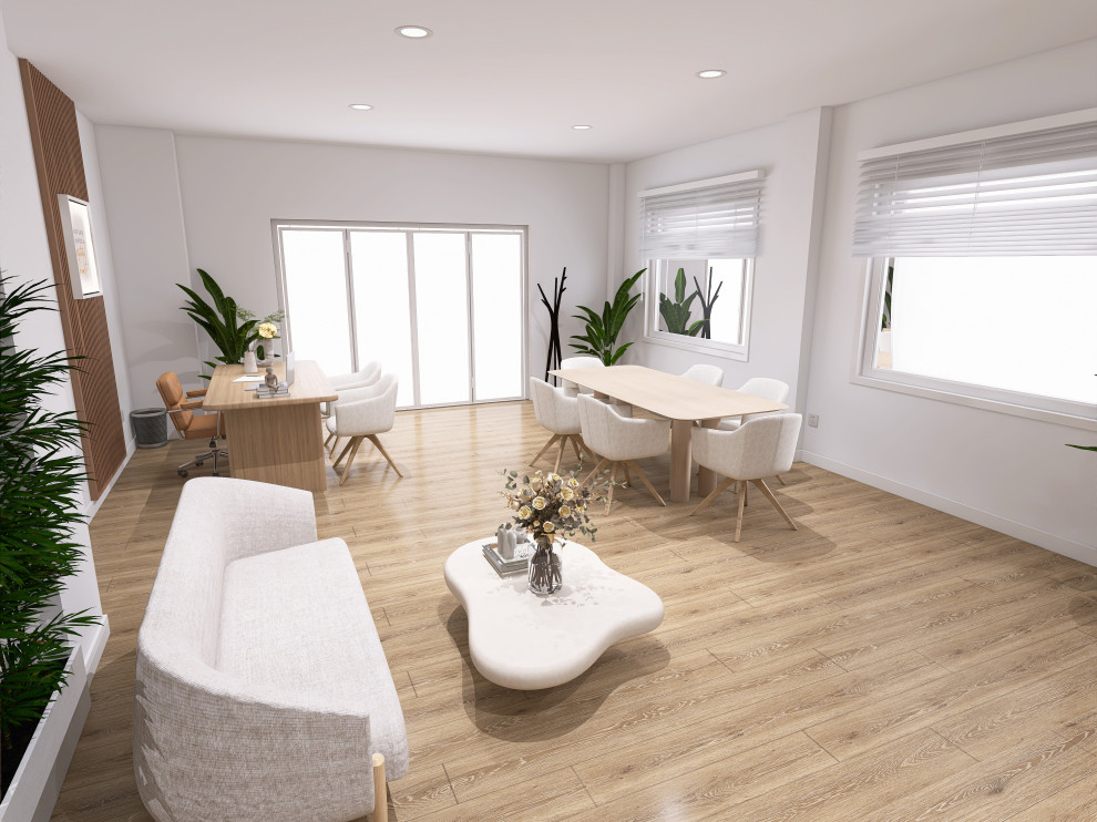 Diseño 3D de oficina inmobiliaria con atención al público