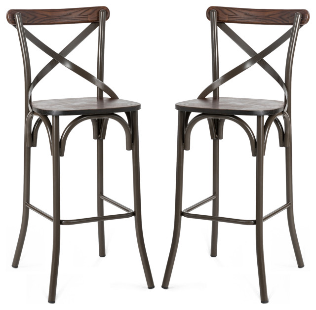 Rustic Steel Bar Stool With Solid Elm Wood Seat and Back Support, Set of 2 Industrial Bar