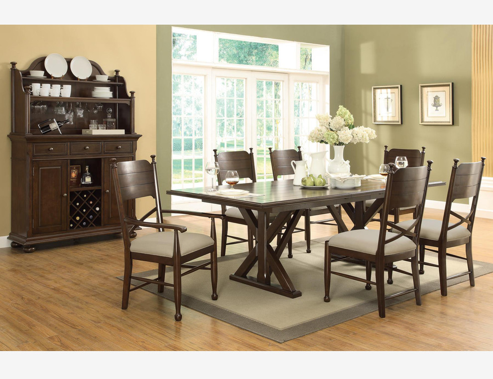 Coaster 7 PC Casual Brown Cherry Dining Room Set Table Chairs Fabric