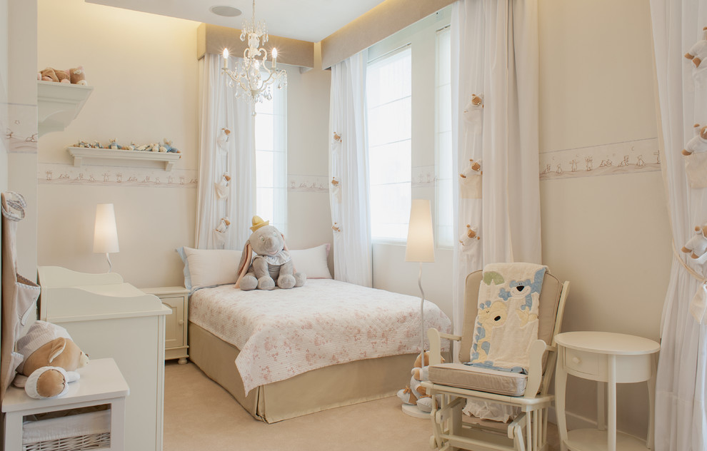 Inspiration for a transitional kids' room for girls with beige walls and carpet.