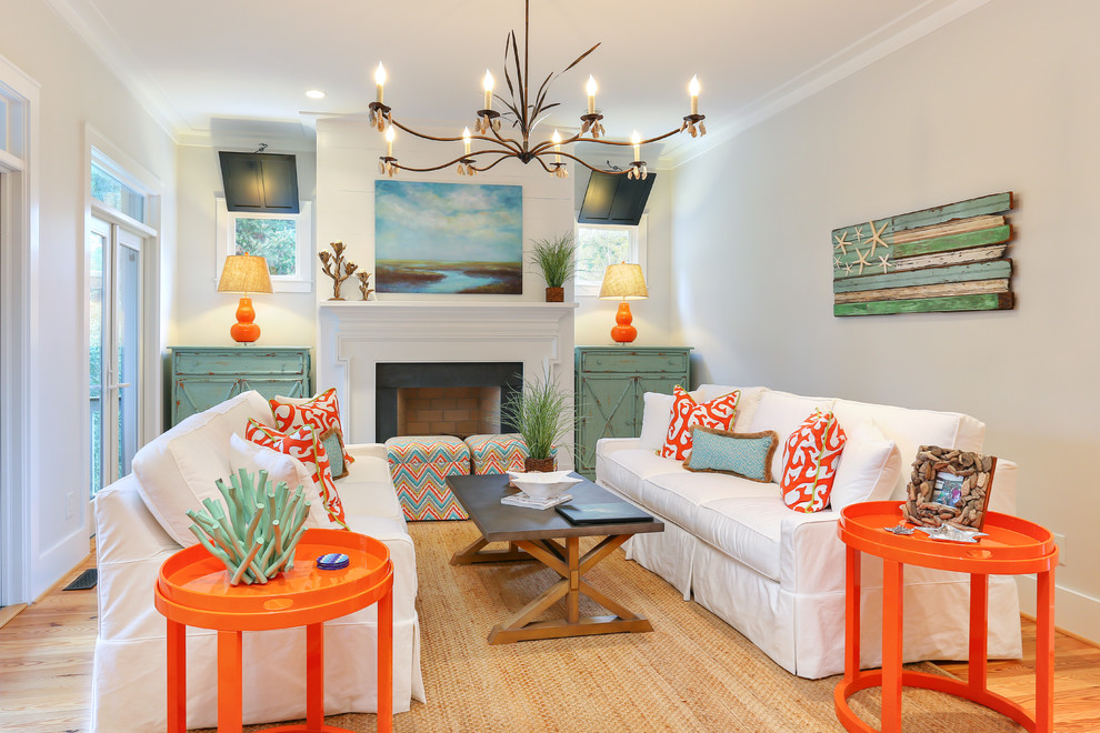 Inspiration for a beach style formal living room in San Francisco with a standard fireplace.