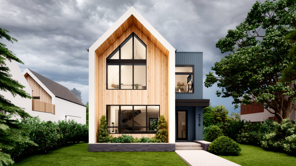 Ispirazione per la villa piccola blu scandinava a due piani con rivestimenti misti, tetto a capanna, copertura in metallo o lamiera, tetto nero e pannelli e listelle di legno