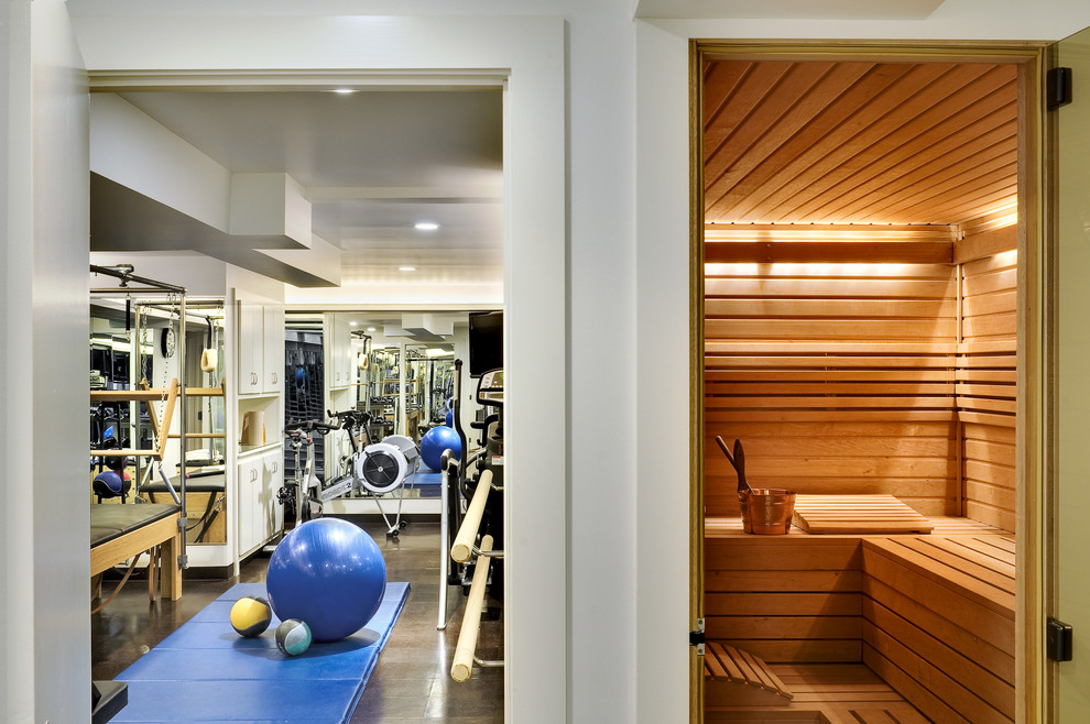 Design ideas for a contemporary home gym in New York.